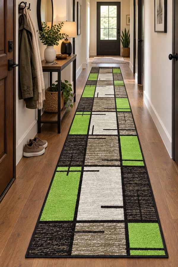 Мокетена пътека на квадрати кафяво и зелено